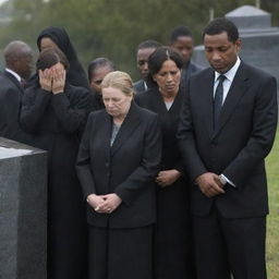 The grieving family of the wealthy person shedding tears at the graveside, clad in expensive mourning attire, sorrow etched on their faces, yet showcasing their strong familial bond in this moment of loss.