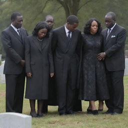 The grieving family of the wealthy person shedding tears at the graveside, clad in expensive mourning attire, sorrow etched on their faces, yet showcasing their strong familial bond in this moment of loss.