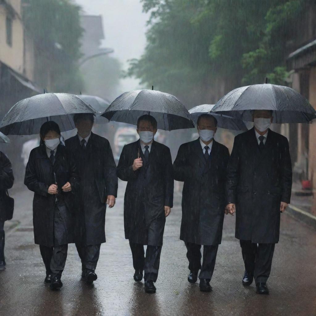 Suddenly, a heavy rain begins to fall, intensifying the solemn atmosphere of the wealthy person's funeral. Umbrellas open up, shielding the mourning family from the rain's downpour, their tears masked by the falling rain.