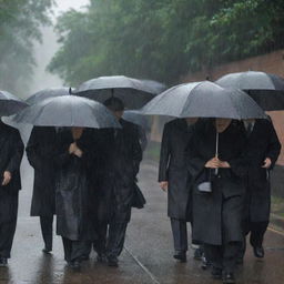 Suddenly, a heavy rain begins to fall, intensifying the solemn atmosphere of the wealthy person's funeral. Umbrellas open up, shielding the mourning family from the rain's downpour, their tears masked by the falling rain.