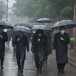 Suddenly, a heavy rain begins to fall, intensifying the solemn atmosphere of the wealthy person's funeral. Umbrellas open up, shielding the mourning family from the rain's downpour, their tears masked by the falling rain.