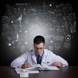 A determined individual pouring over medical textbooks, surrounded by motivational quotes and symbols of medical profession