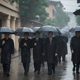 Suddenly, a heavy rain begins to fall, intensifying the solemn atmosphere of the wealthy person's funeral. Umbrellas open up, shielding the mourning family from the rain's downpour, their tears masked by the falling rain.