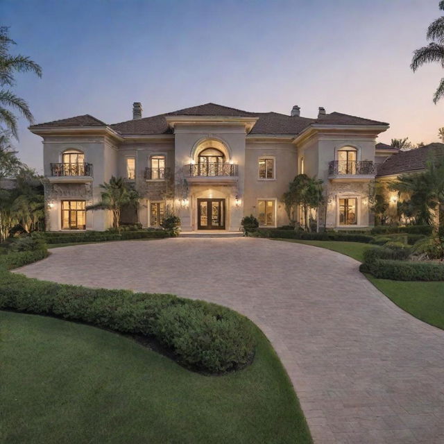 A stunning, luxurious mansion that exudes wealth and elegance, complete with lush landscaping, opulent furnishings, and state-of-the-art amenities.