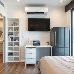 An interior layout along a 250 cm long wall featuring a white IKEA Billy bookshelf, 40 cm wide and 202 cm high, with an Oxberg glass-panel door, stylishly displaying books and decorative items