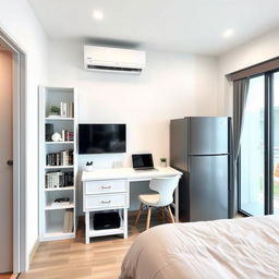 An interior layout along a 250 cm long wall featuring a white IKEA Billy bookshelf, 40 cm wide and 202 cm high, with an Oxberg glass-panel door, stylishly displaying books and decorative items