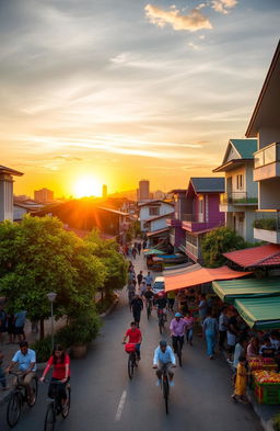 A scenic view of Bayu Angga City, showcasing a vibrant skyline with modern architecture and traditional houses