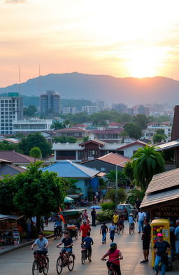 A scenic view of Bayu Angga City, showcasing a vibrant skyline with modern architecture and traditional houses