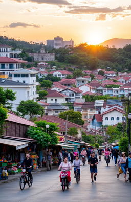 A scenic view of Bayu Angga City, showcasing a vibrant skyline with modern architecture and traditional houses