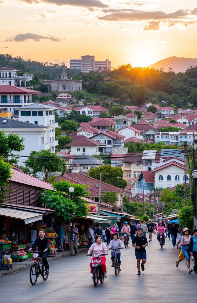 A scenic view of Bayu Angga City, showcasing a vibrant skyline with modern architecture and traditional houses