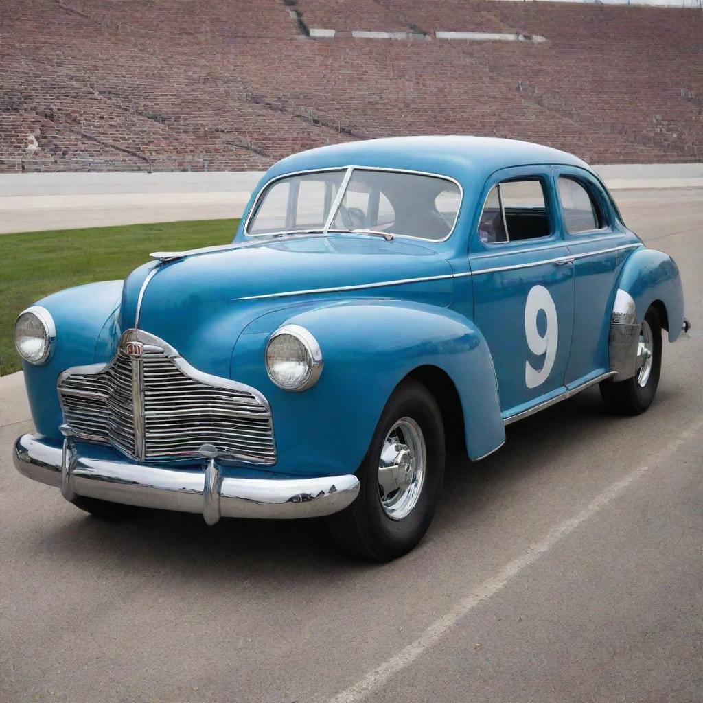 A NASCAR car from the 1940s, reflecting the early days of stock car racing. The car embraces classic post-war design, with a rounded steel body, protruding chrome bumper, large wheel arches, thin tires, and a rumbling vintage engine