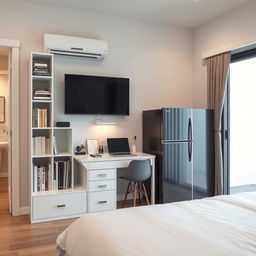 An interior layout along a 250 cm long wall featuring a white IKEA Billy bookshelf, 40 cm wide and 202 cm high, equipped with a stylish Oxberg glass-panel door, displaying books and decorative items