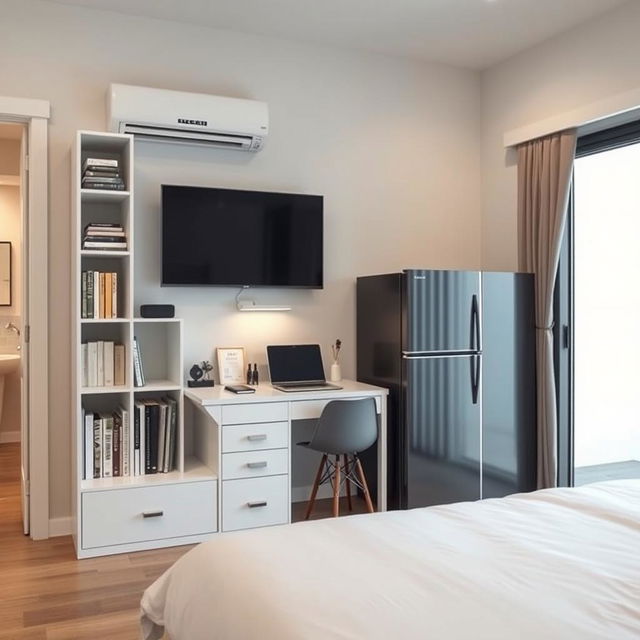 An interior layout along a 250 cm long wall featuring a white IKEA Billy bookshelf, 40 cm wide and 202 cm high, equipped with a stylish Oxberg glass-panel door, displaying books and decorative items