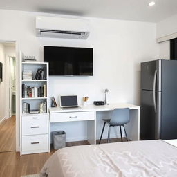 An interior layout along a 250 cm long wall featuring a white IKEA Billy bookshelf, 40 cm wide and 202 cm high, equipped with a stylish Oxberg glass-panel door, displaying books and decorative items