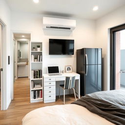 An interior layout along a 250 cm long wall featuring a white IKEA Billy bookshelf, 40 cm wide and 202 cm high, equipped with a stylish Oxberg glass-panel door, displaying books and decorative items