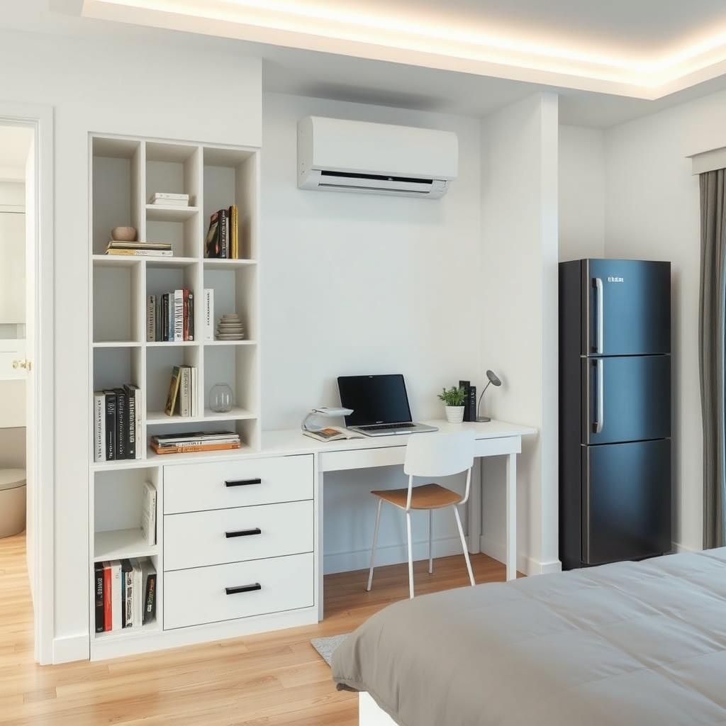 An interior layout along a 250 cm long wall featuring a white IKEA Billy bookshelf, 40 cm wide and 202 cm high, equipped with a stylish Oxberg glass-panel door, displaying books and decorative items