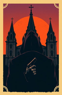 A vintage design depicting the back of a man wearing a hood, holding a pistol