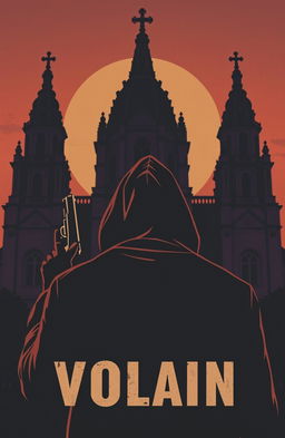 A vintage design depicting the back of a man wearing a hood, holding a pistol