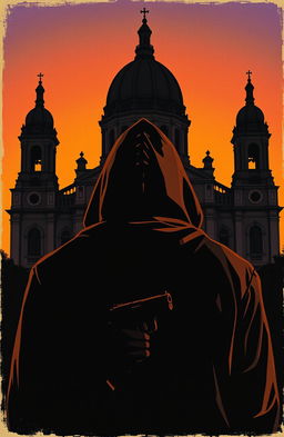 A vintage design depicting the back of a man wearing a hood, holding a pistol