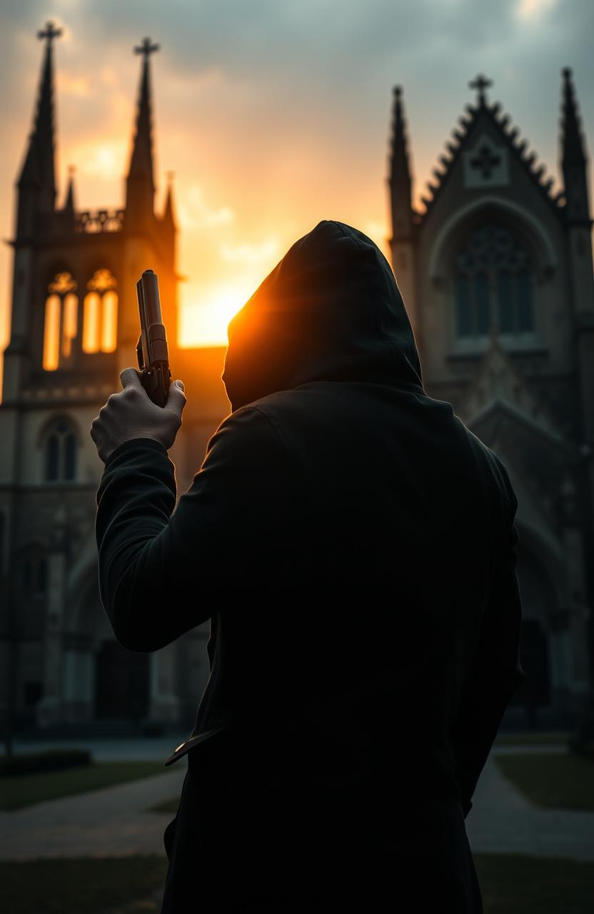 A dramatic scene featuring the back of a man wearing a hood, gripping a pistol firmly in his right hand