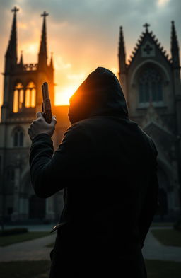 A dramatic scene featuring the back of a man wearing a hood, gripping a pistol firmly in his right hand