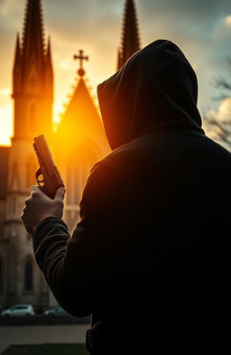 A dramatic scene featuring the back of a man wearing a hood, gripping a pistol firmly in his right hand