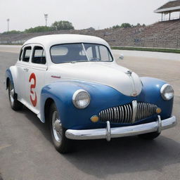 A NASCAR car from the 1940s, reflecting the early days of stock car racing. The car embraces classic post-war design, with a rounded steel body, protruding chrome bumper, large wheel arches, thin tires, and a rumbling vintage engine