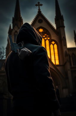 A dramatic scene featuring the back of a man wearing a hood, gripping a pistol firmly in his right hand