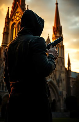 A dramatic scene featuring the back of a man wearing a hood, gripping a pistol firmly in his right hand