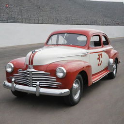 A NASCAR car from the 1940s, reflecting the early days of stock car racing. The car embraces classic post-war design, with a rounded steel body, protruding chrome bumper, large wheel arches, thin tires, and a rumbling vintage engine