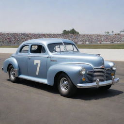 A NASCAR car from the 1940s, reflecting the early days of stock car racing. The car embraces classic post-war design, with a rounded steel body, protruding chrome bumper, large wheel arches, thin tires, and a rumbling vintage engine