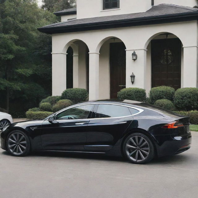 The same wealthy individual proudly showcasing their wealth by proudly standing next to a sleek, high-tech Tesla car parked in the driveway of their luxurious mansion.