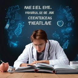 A determined individual pouring over medical textbooks, surrounded by motivational quotes and symbols of medical profession