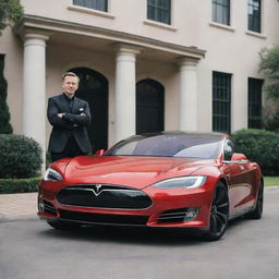 The same wealthy individual proudly showcasing their wealth by proudly standing next to a sleek, high-tech Tesla car parked in the driveway of their luxurious mansion.