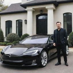 The same wealthy individual proudly showcasing their wealth by proudly standing next to a sleek, high-tech Tesla car parked in the driveway of their luxurious mansion.