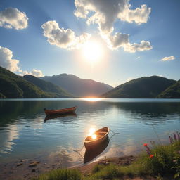 A serene landscape depicting a tranquil lake surrounded by lush green hills, under a clear blue sky with fluffy white clouds