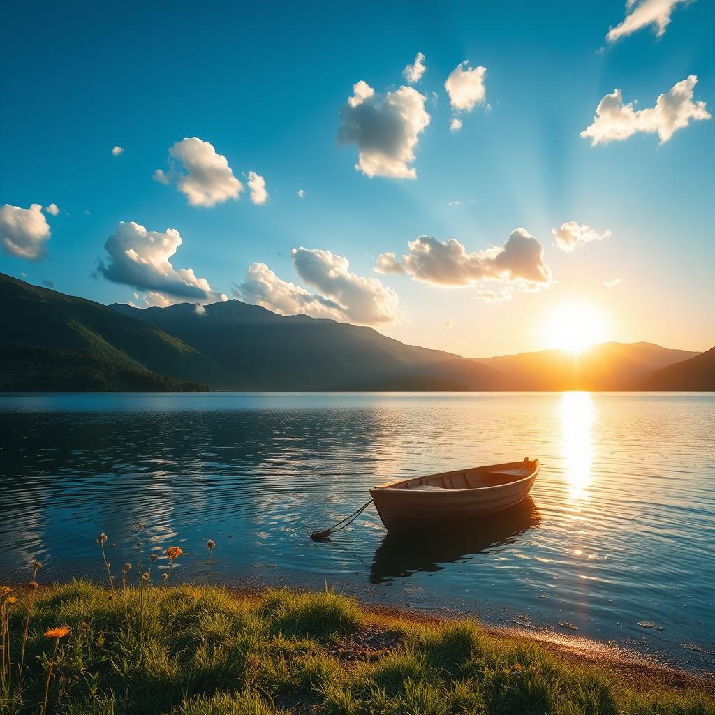 A serene landscape depicting a tranquil lake surrounded by lush green hills, under a clear blue sky with fluffy white clouds