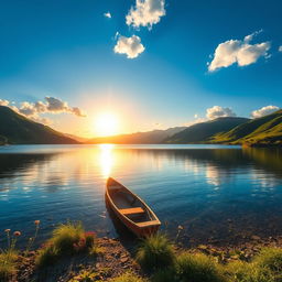 A serene landscape depicting a tranquil lake surrounded by lush green hills, under a clear blue sky with fluffy white clouds