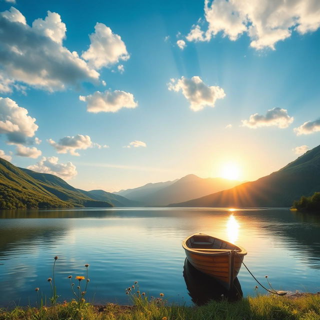 A serene landscape depicting a tranquil lake surrounded by lush green hills, under a clear blue sky with fluffy white clouds