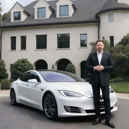 The same wealthy individual proudly showcasing their wealth by proudly standing next to a sleek, high-tech Tesla car parked in the driveway of their luxurious mansion.