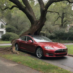 The sleek Tesla car, previously parked in the driveway, abruptly crashes into a large tree. The scene suggests sudden chaos amidst the backdrop of opulence.