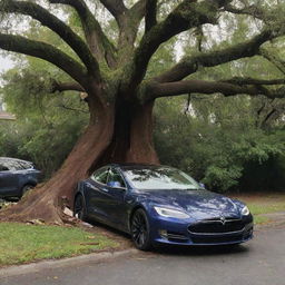 The sleek Tesla car, previously parked in the driveway, abruptly crashes into a large tree. The scene suggests sudden chaos amidst the backdrop of opulence.