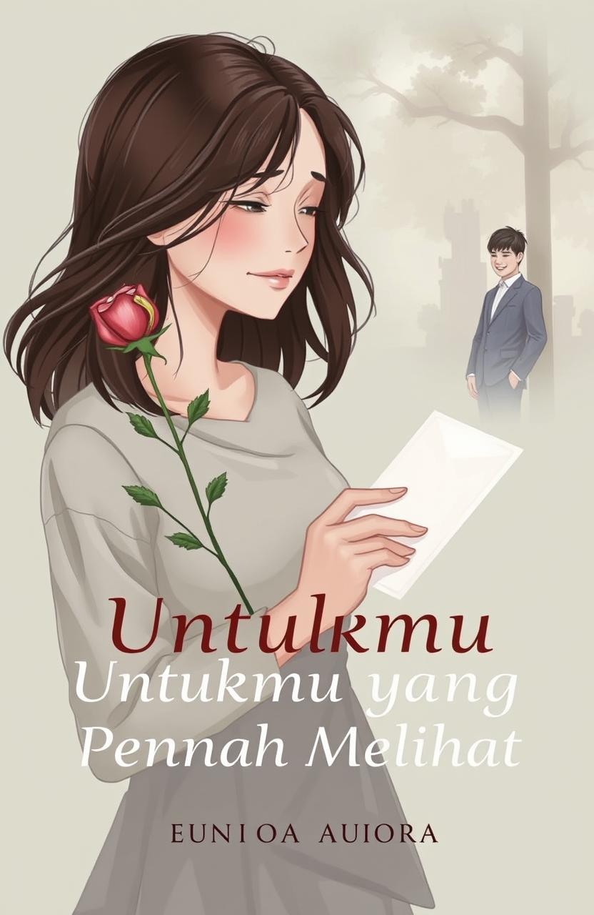 Book cover titled 'Untukmu yang Tak Pernah Melihat' by Eunioa Aurora, depicting a woman with a sorrowful expression holding a wilted rose and a letter, gazing longingly at a man laughing in the distance