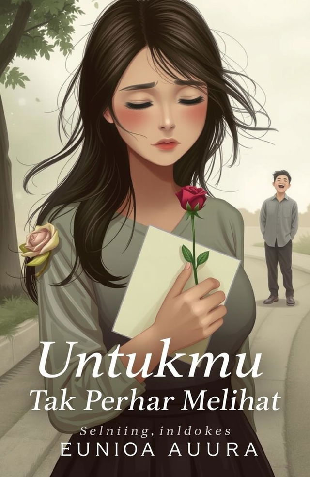 Book cover titled 'Untukmu yang Tak Pernah Melihat' by Eunioa Aurora, depicting a woman with a sorrowful expression holding a wilted rose and a letter, gazing longingly at a man laughing in the distance