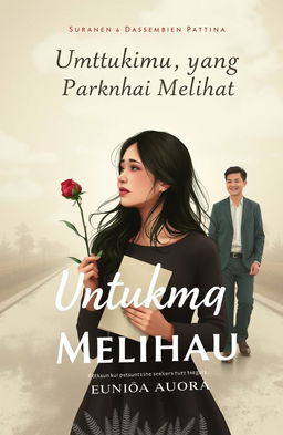 Book cover titled 'Untukmu yang Tak Pernah Melihat' by Eunioa Aurora, depicting a woman with a sorrowful expression holding a wilted rose and a letter, gazing longingly at a man laughing in the distance