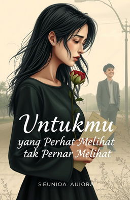 Book cover titled 'Untukmu yang Tak Pernah Melihat' by Eunioa Aurora, depicting a woman with a sorrowful expression holding a wilted rose and a letter, gazing longingly at a man laughing in the distance
