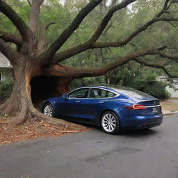 The sleek Tesla car, previously parked in the driveway, abruptly crashes into a large tree. The scene suggests sudden chaos amidst the backdrop of opulence.