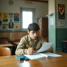 A young Soviet citizen sitting at a table engaged in an IQ test, surrounded by the interior of a typical Soviet testing room