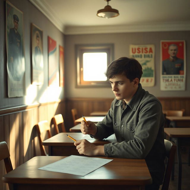 A young Soviet citizen sitting at a table engaged in an IQ test, surrounded by the interior of a typical Soviet testing room