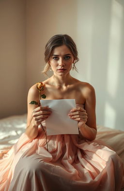 A beautiful and elegant woman with a sad expression holding a letter and a dried rose